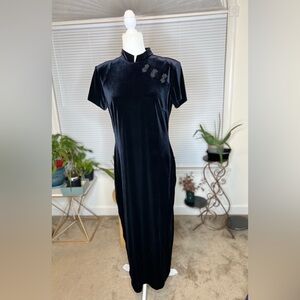 Vintage RJ COLLECTION by Chelsea Rousso Black Velvet Cheongsam Maxi Dress. SZ:12